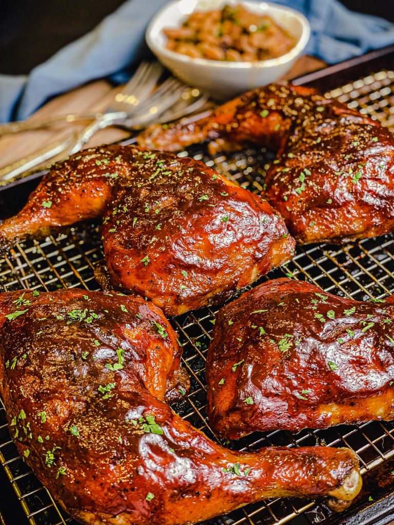 grilled chicken quarters with pinto beans