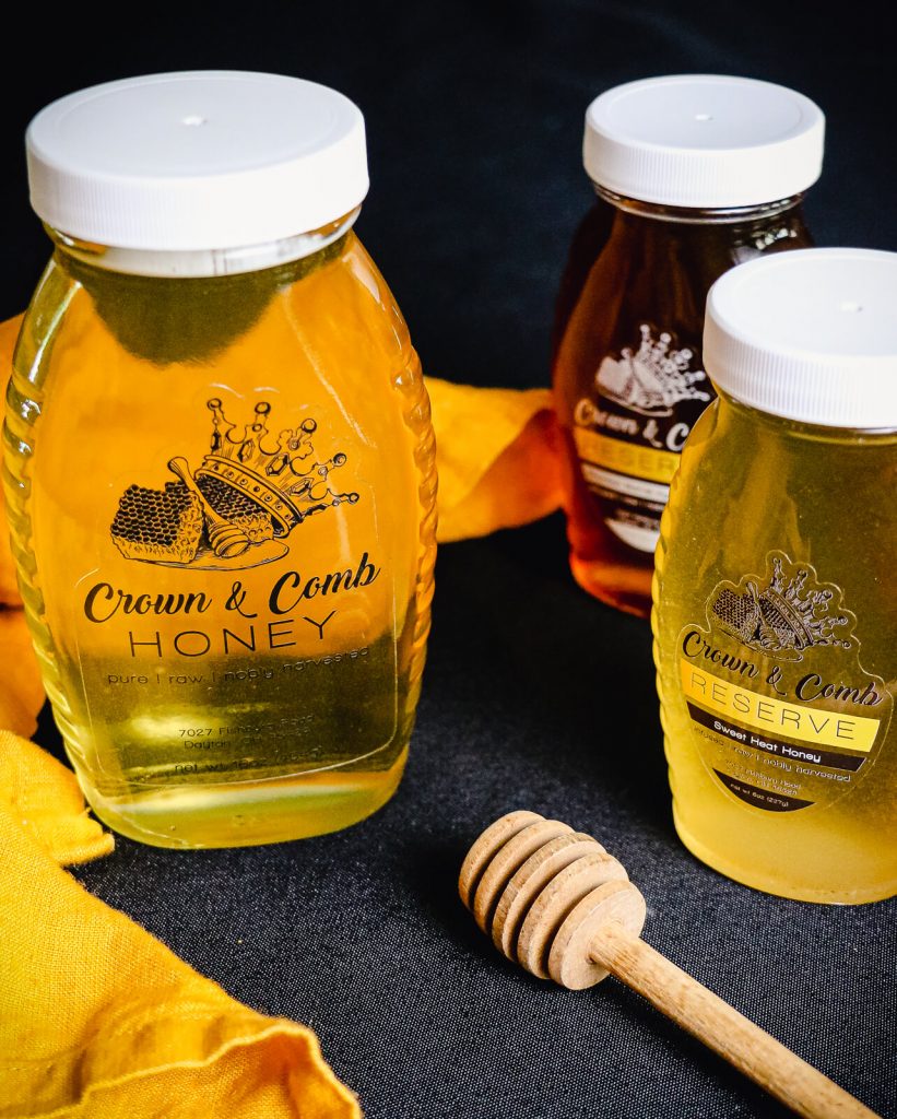 bottles of craft honey from crown and comb honey