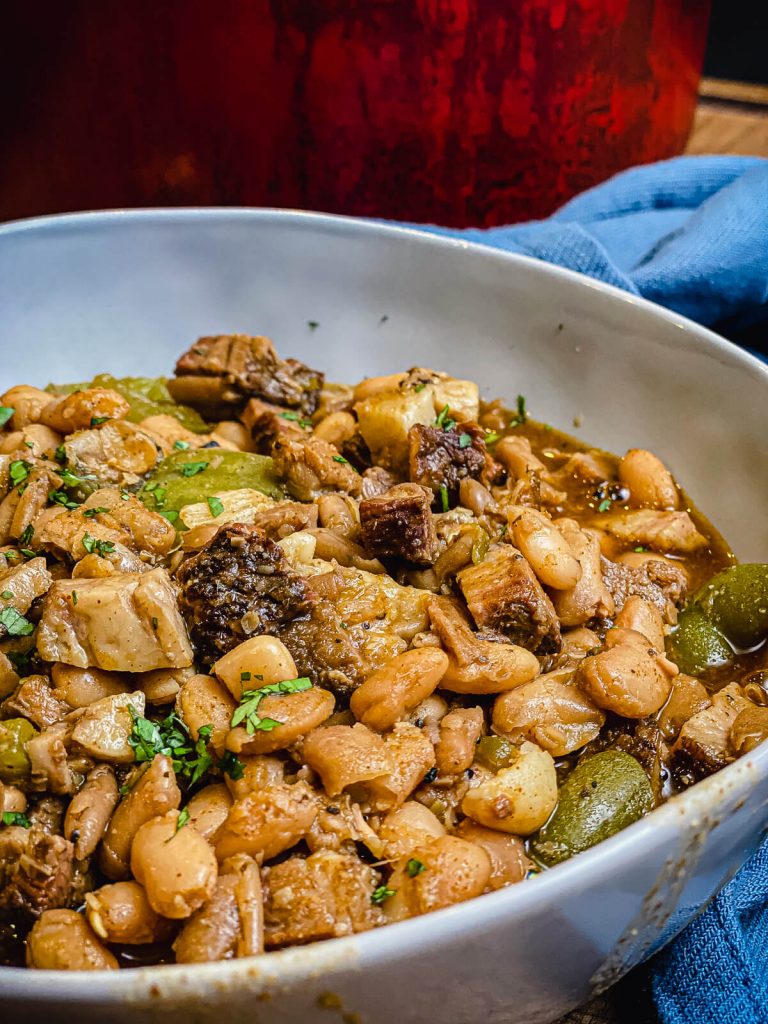 cooked pinto beans in a bowl with brisket