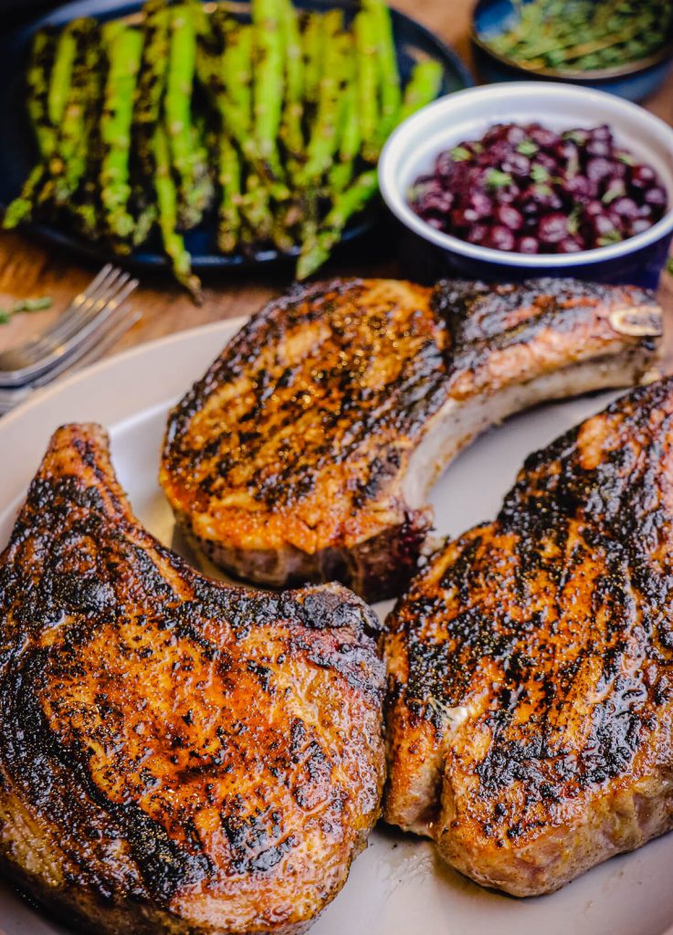 charred pork chops just off the grill