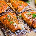 cedar plank salmon with honey sriracha glaze