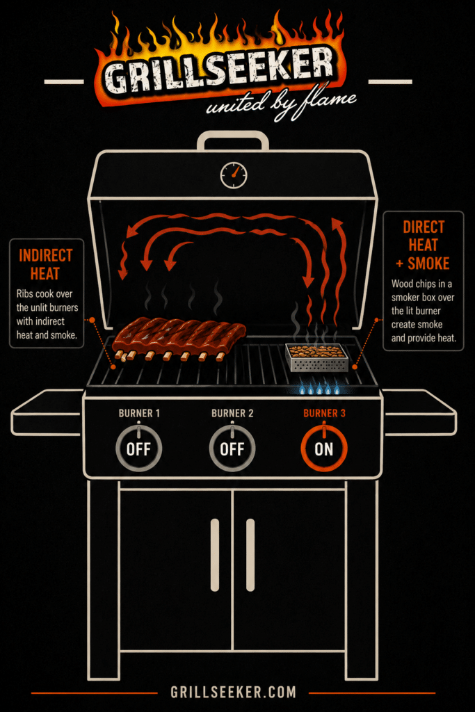 Gas grill setup for ribs showing two burners off, one burner on, and ribs cooking over indirect heat with wood smoke.