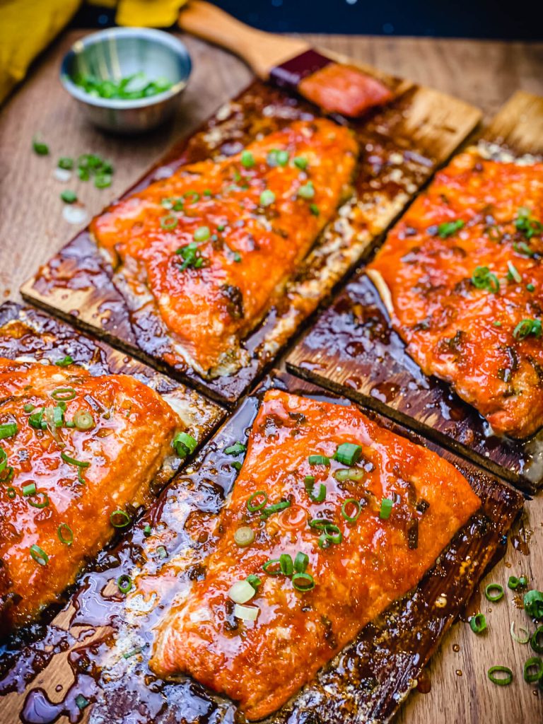 cedar plank salmon with honey sriracha glaze