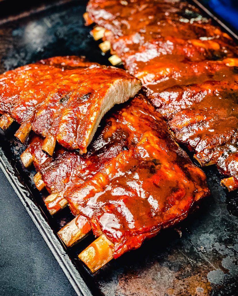 Sliced pork ribs on a tray