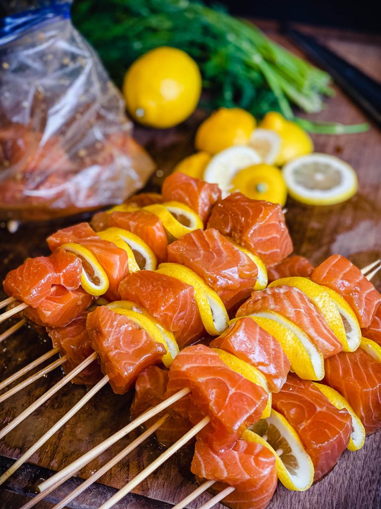 salmon and lemons on a skewer for salmon kabobs