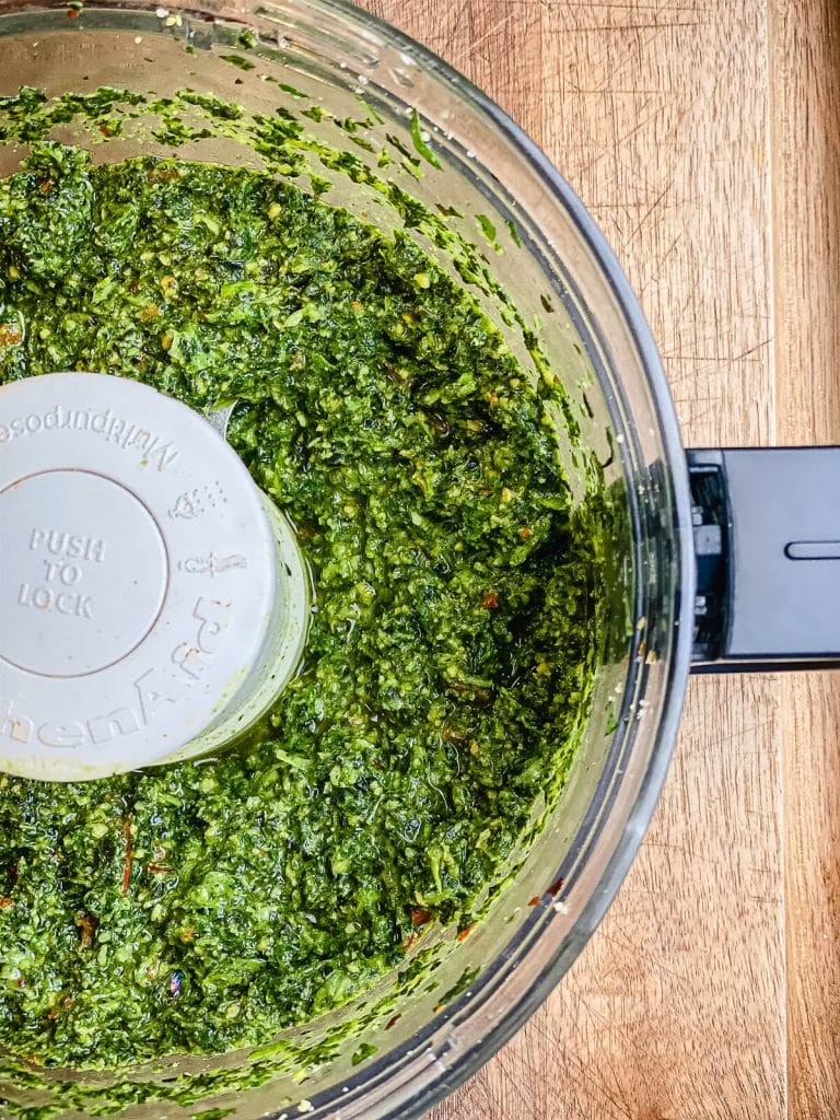 mixed Thai basil pesto in food processor