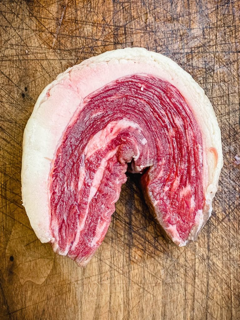 slice of picanha shaped for the rotisserie spit