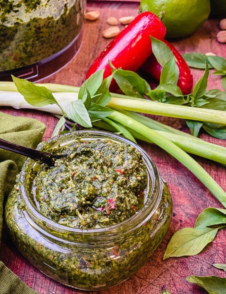 Thai basil pesto recipe made in a glass jar