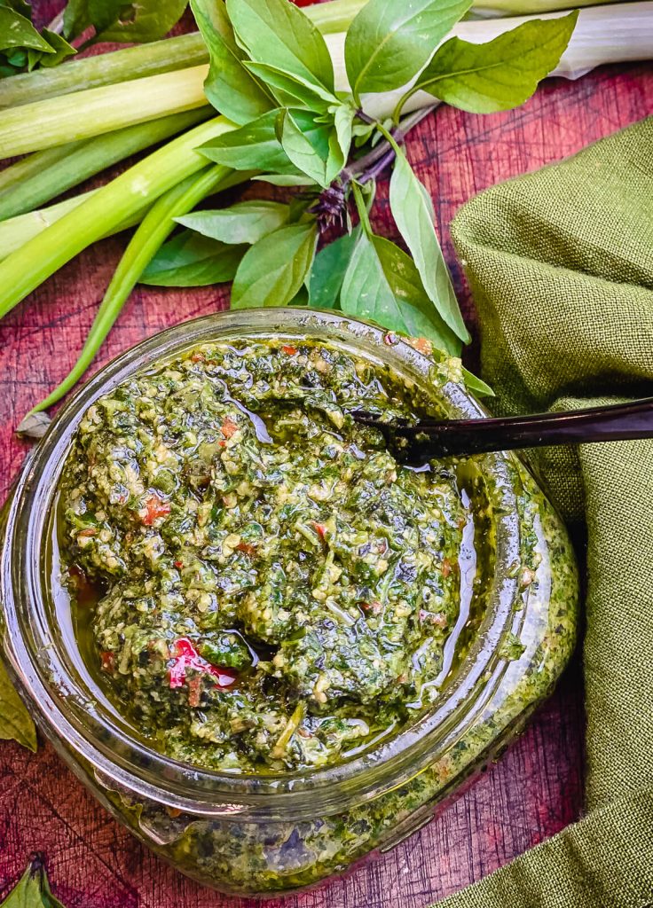 Thai basil pesto in a glass jar