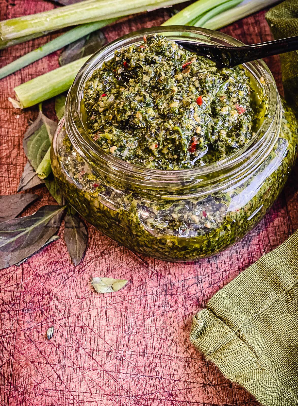 glass jar of Thai basil pesto