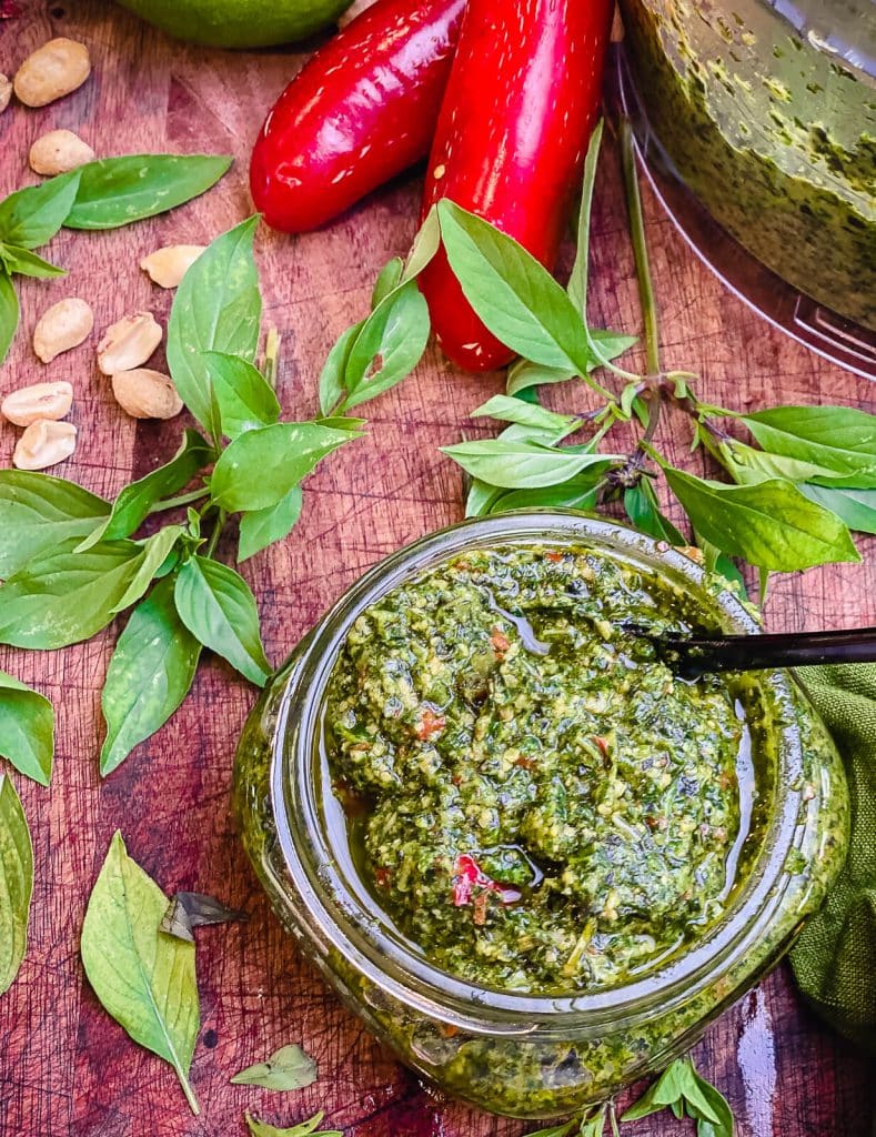 thai basil pesto with Thai basil leaves