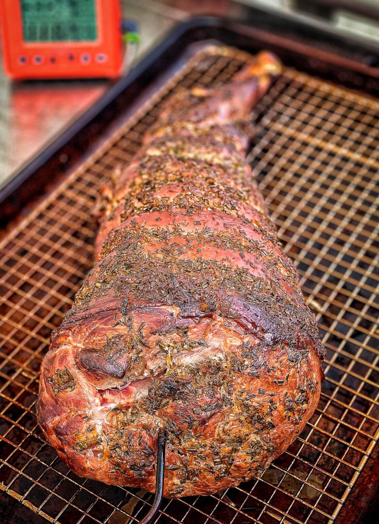 smoked leg of lamb just off the grill