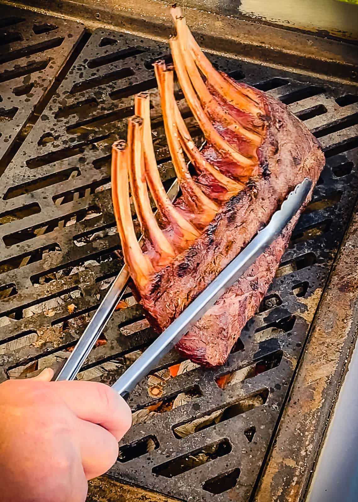 venison being flipped on a grill