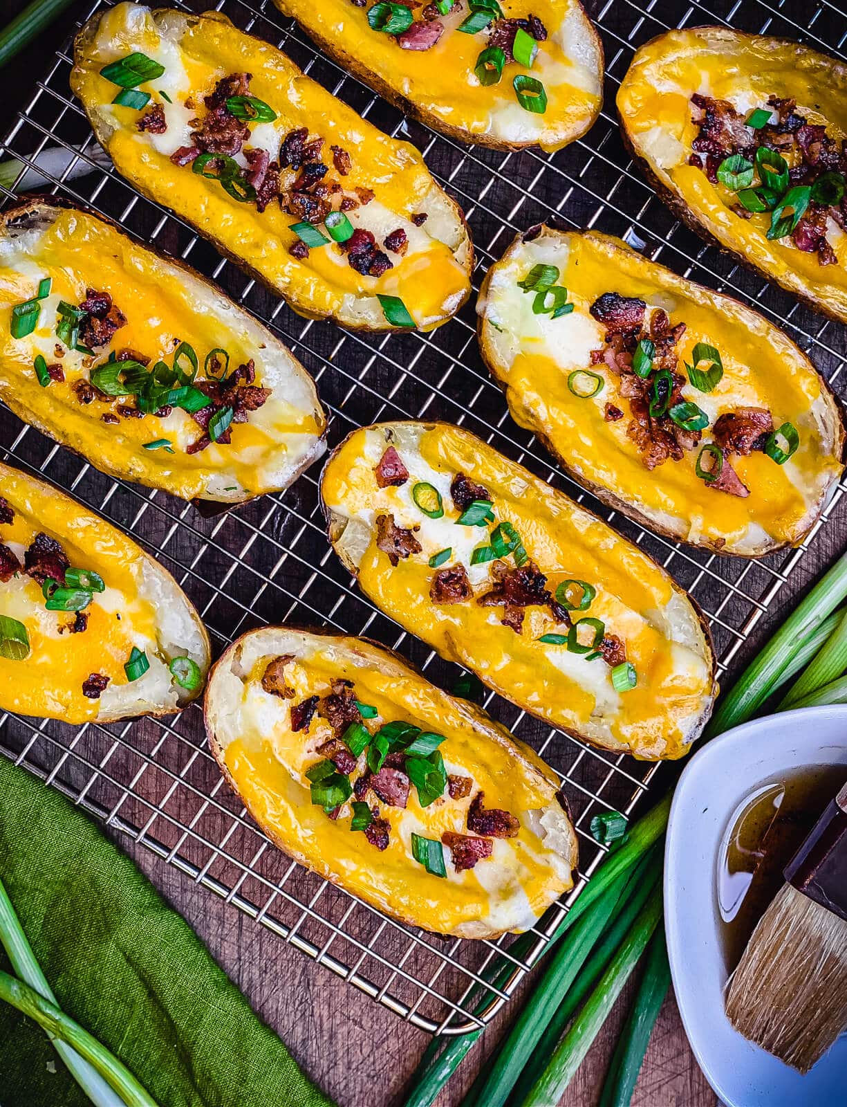 baked potato skins on a wire rack