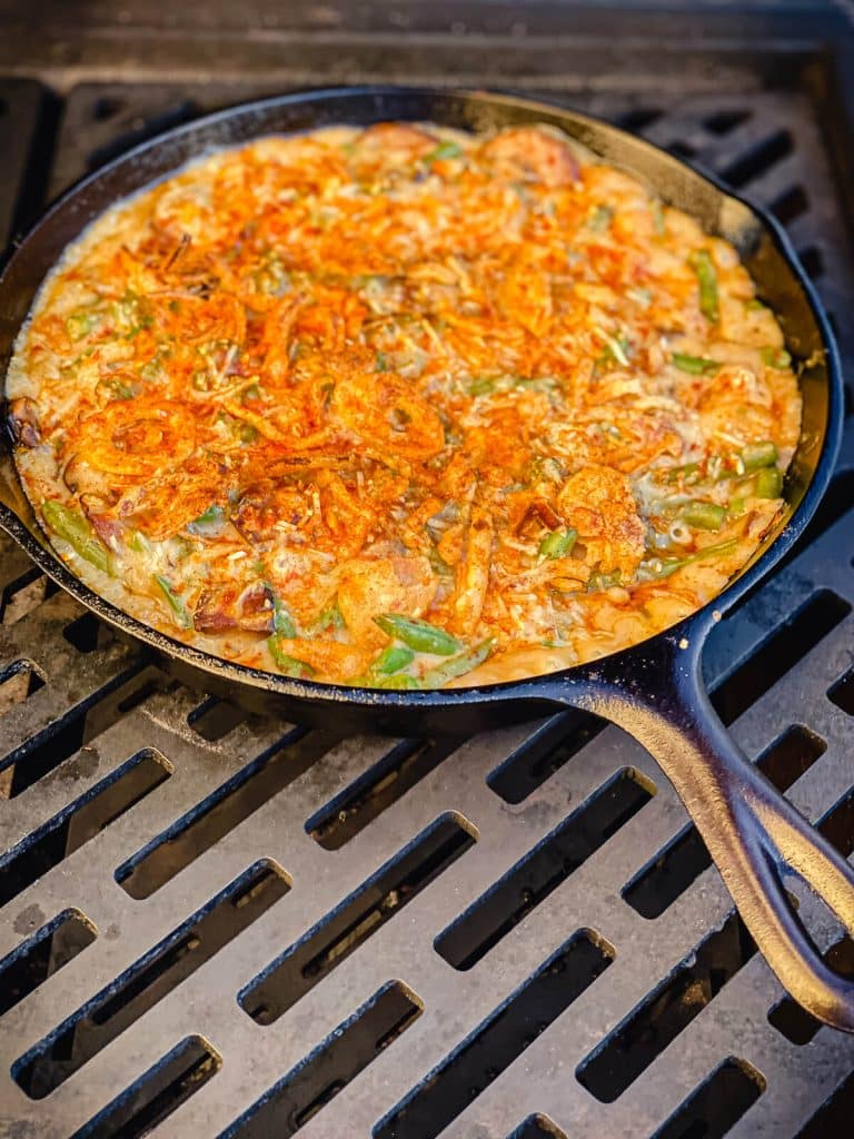 smoked green bean casserole on the grill