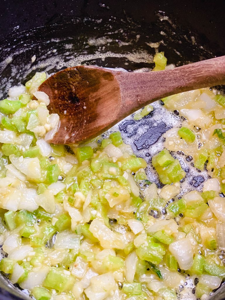 flour added to onions to make vegetable soup