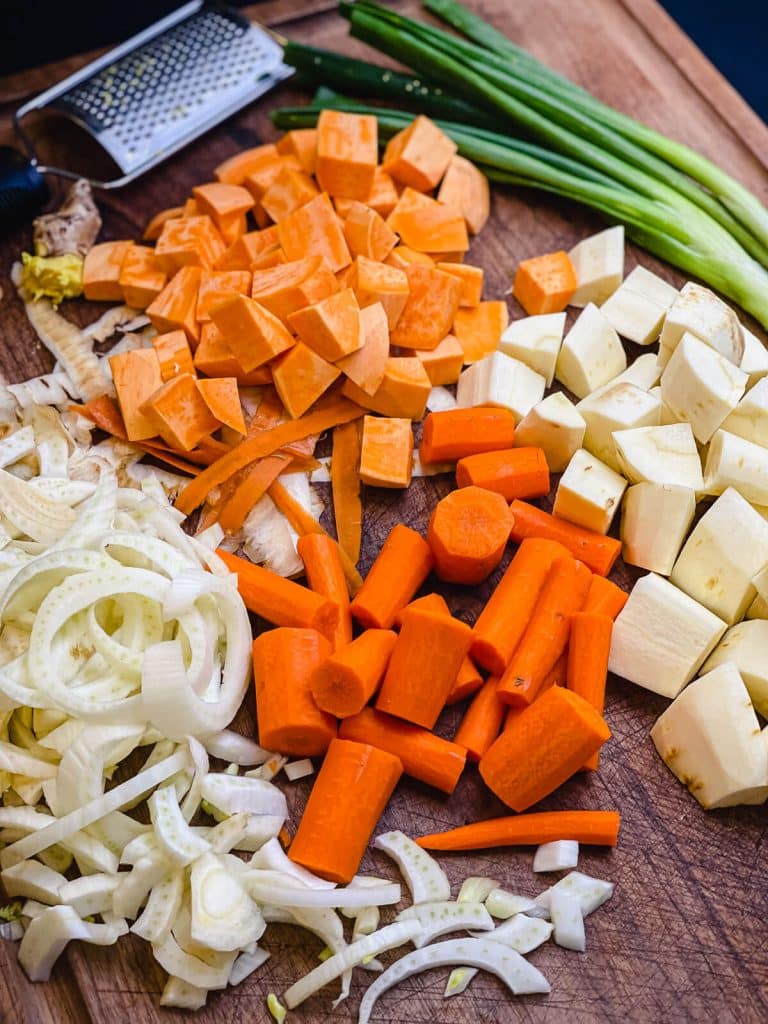 cut up vegetables for roasted root vegetable recipe