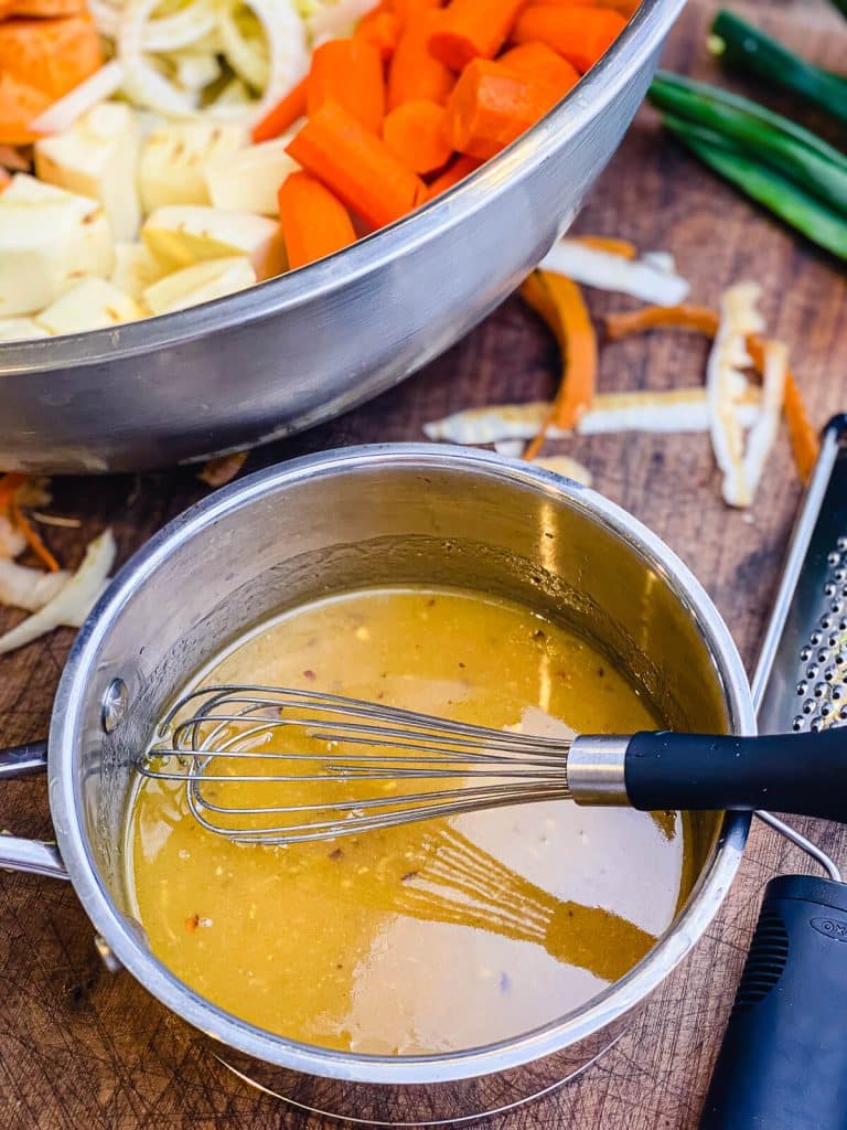 miso maple glaze mixed together in small saucepan