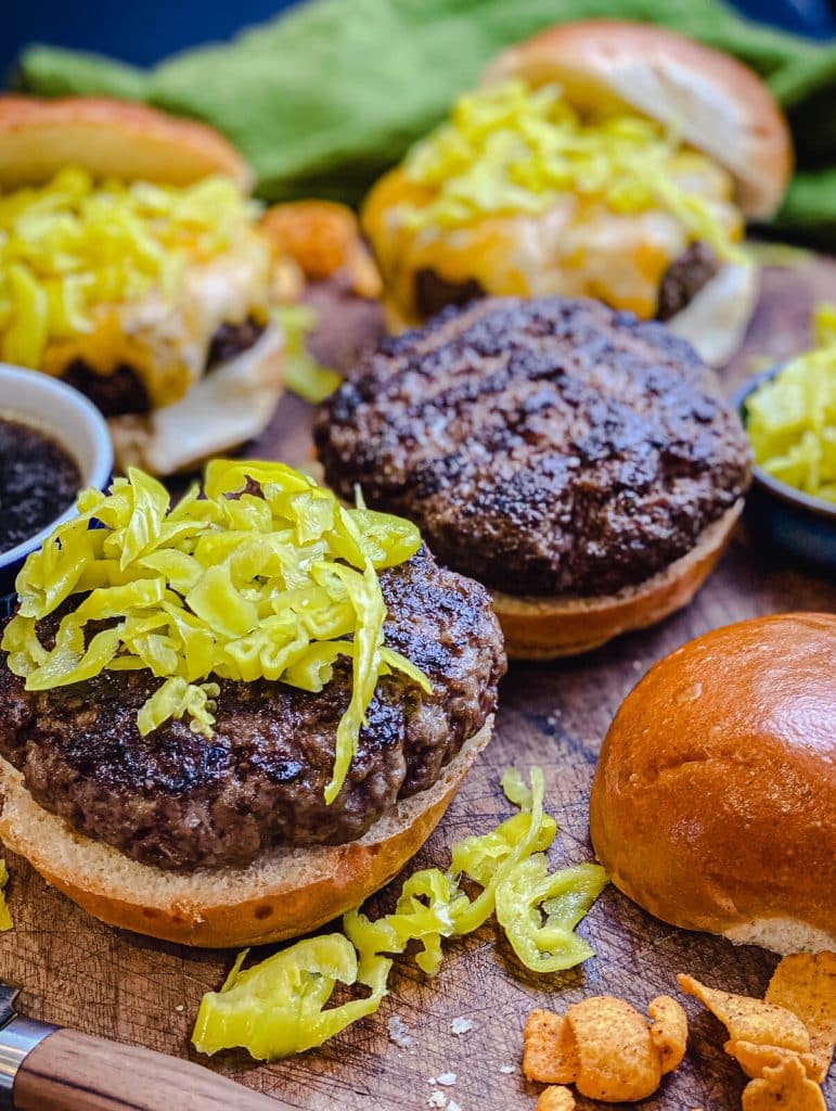 burgers topped with pepperoncini peppers