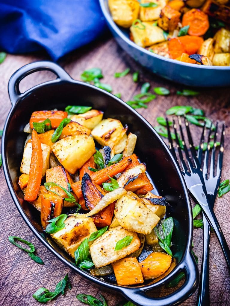 miso maple roasted root vegetables in a serving dish