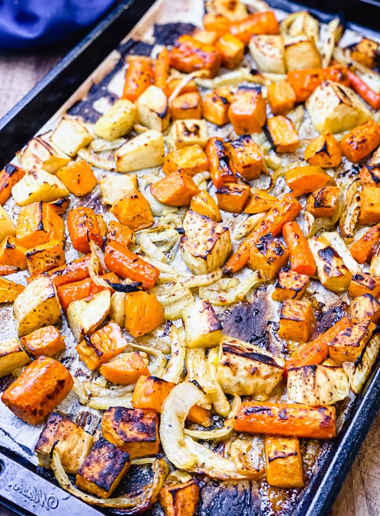 vegetables roasted on a baking sheet