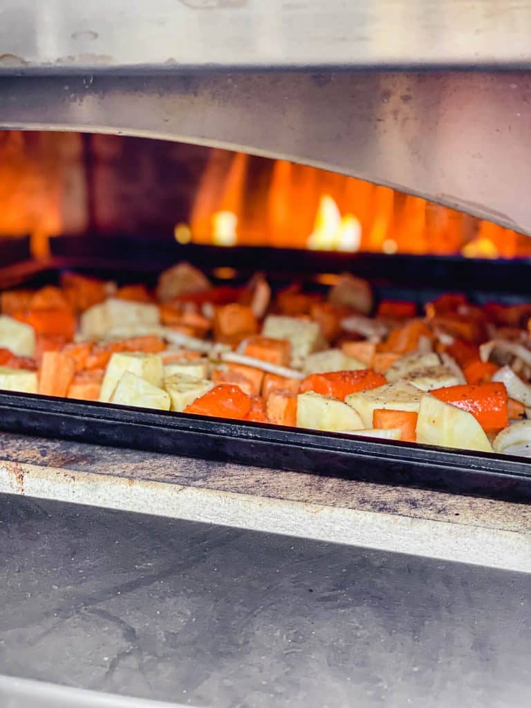 veggies roasting in an oven
