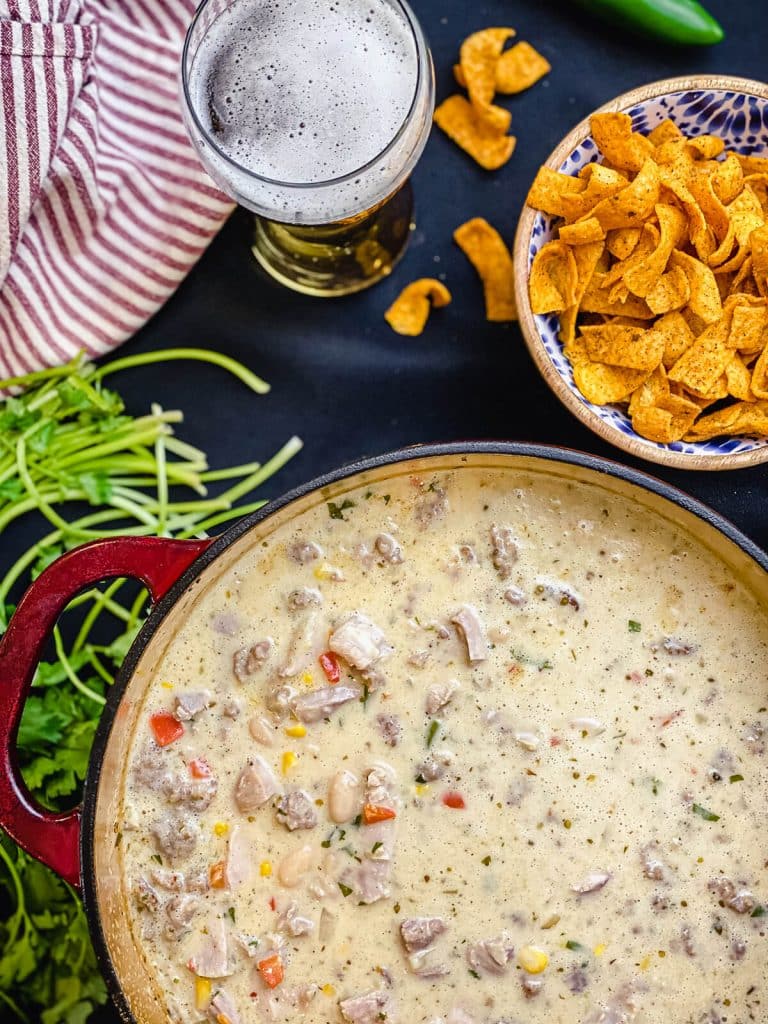 smoked chicken chili in a dutch oven