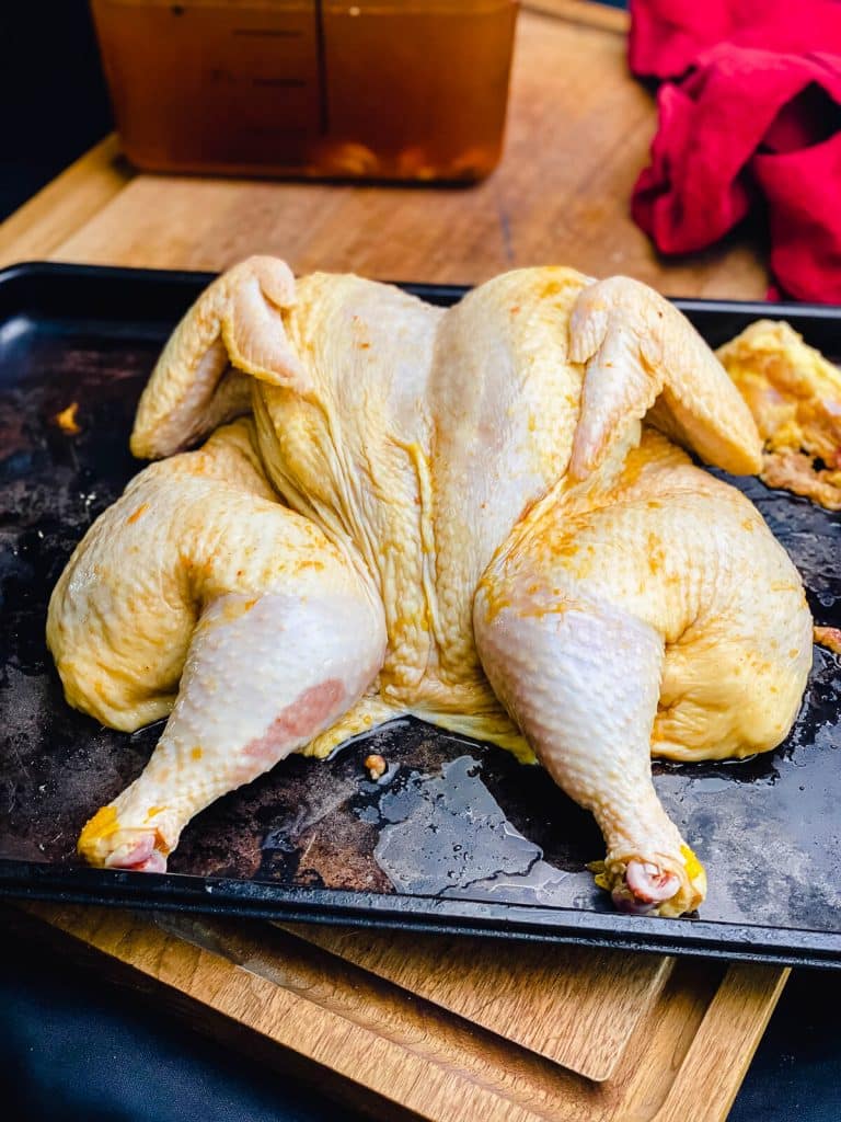 brined spatchcocked chicken on a tray
