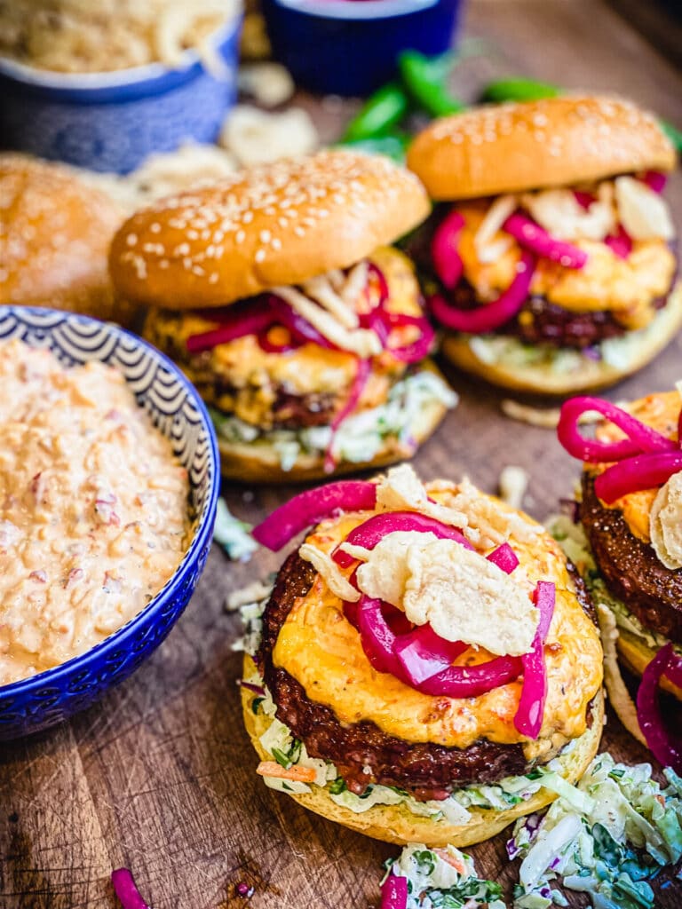 pimento cheeseburgers assembled and ready to eat