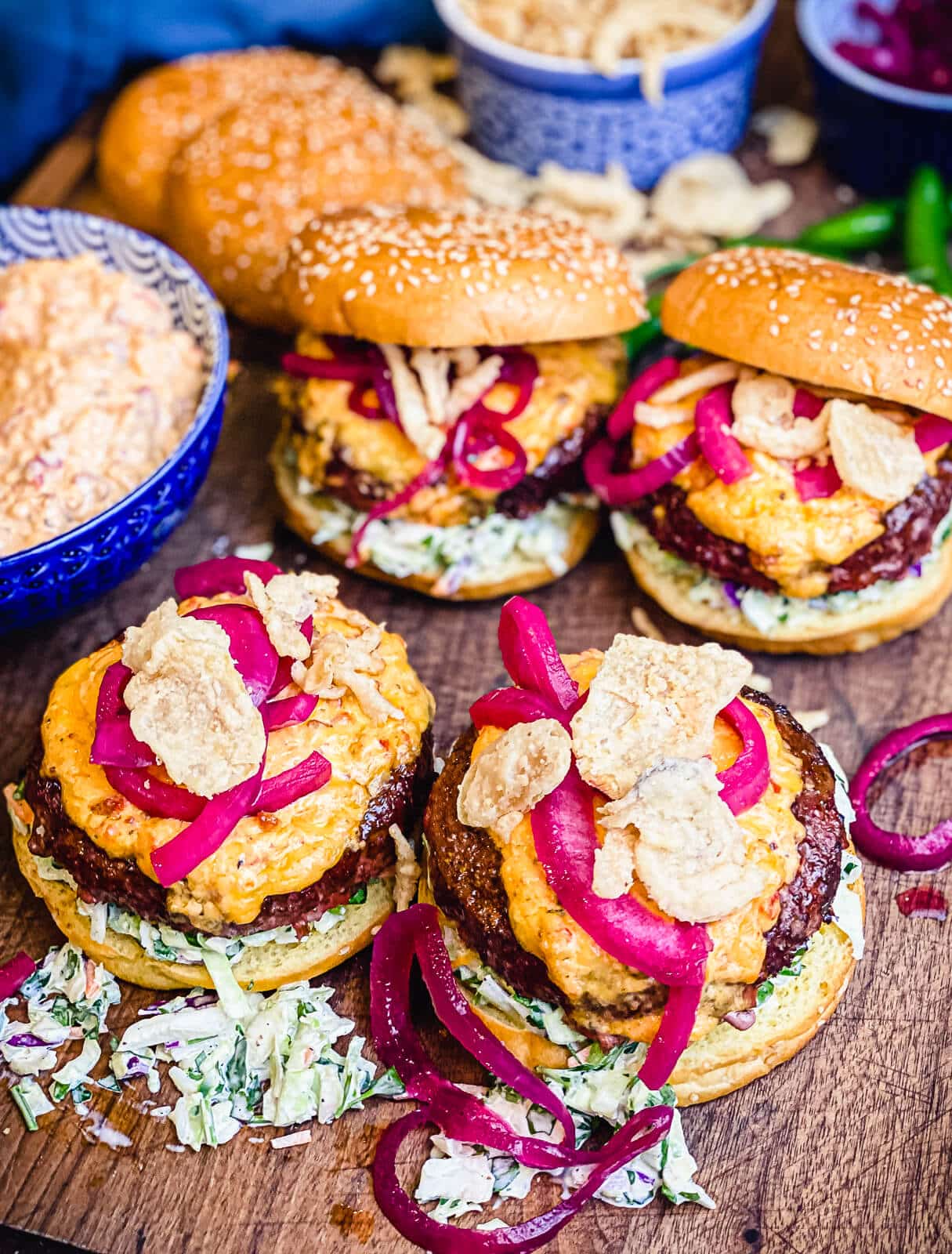 pimento cheeseburgers with toppings and onions
