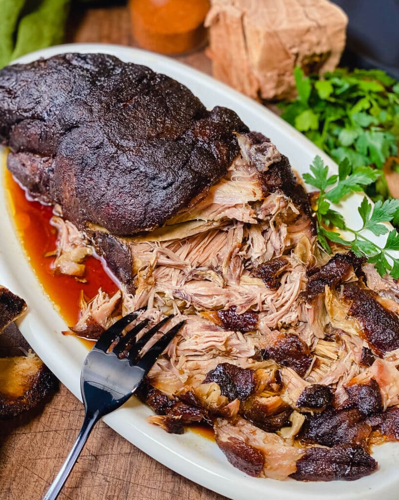 platter filled with bbq pulled pork from the oven