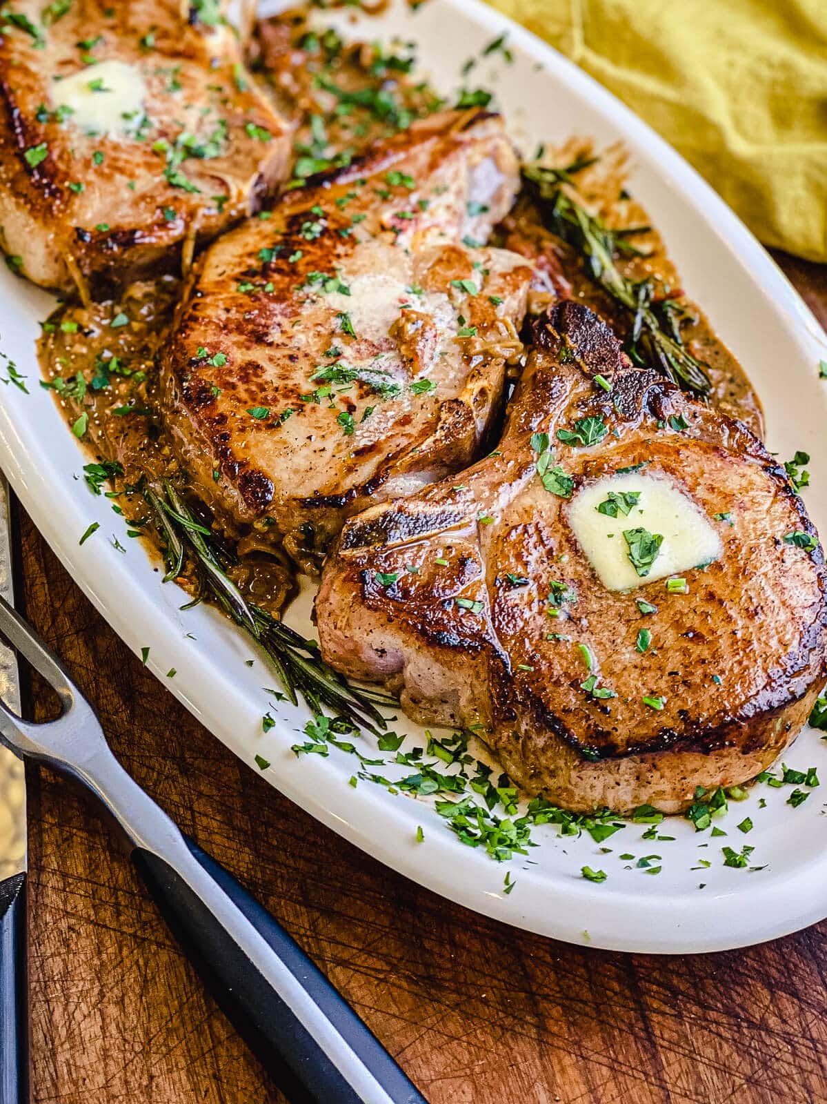 platter of pan seared pork chops