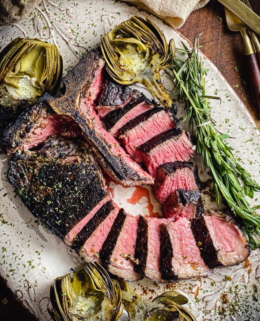 overhead view of a tuscan grilled porterhouse steak