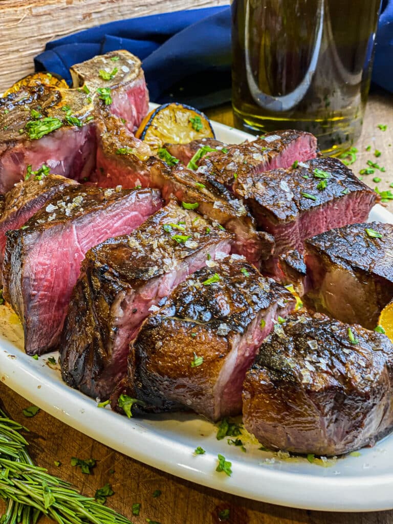 slices of steak florentine on a platter