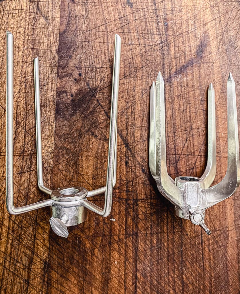 forks of the LB spinner next to standard rotisserie forks.