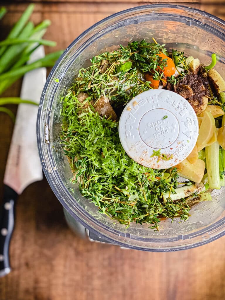 ingredients for Jamaican jerk chicken marinade in a food processor