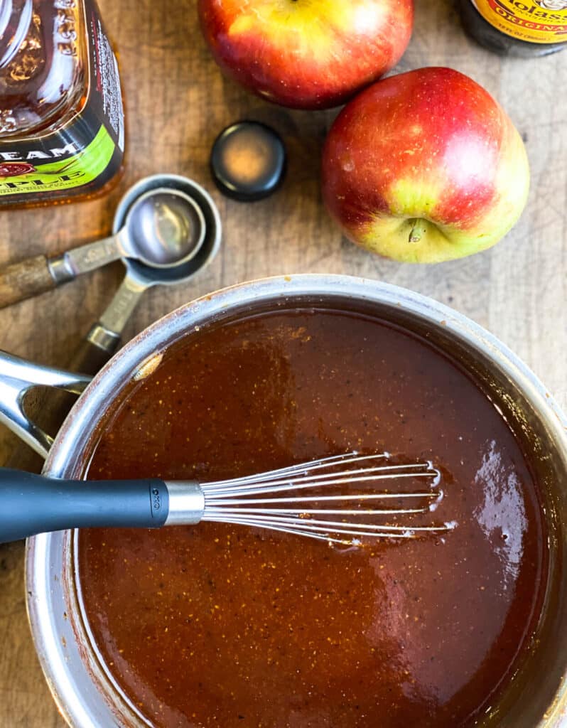 overhead shot of bbq sauce in a saucepan