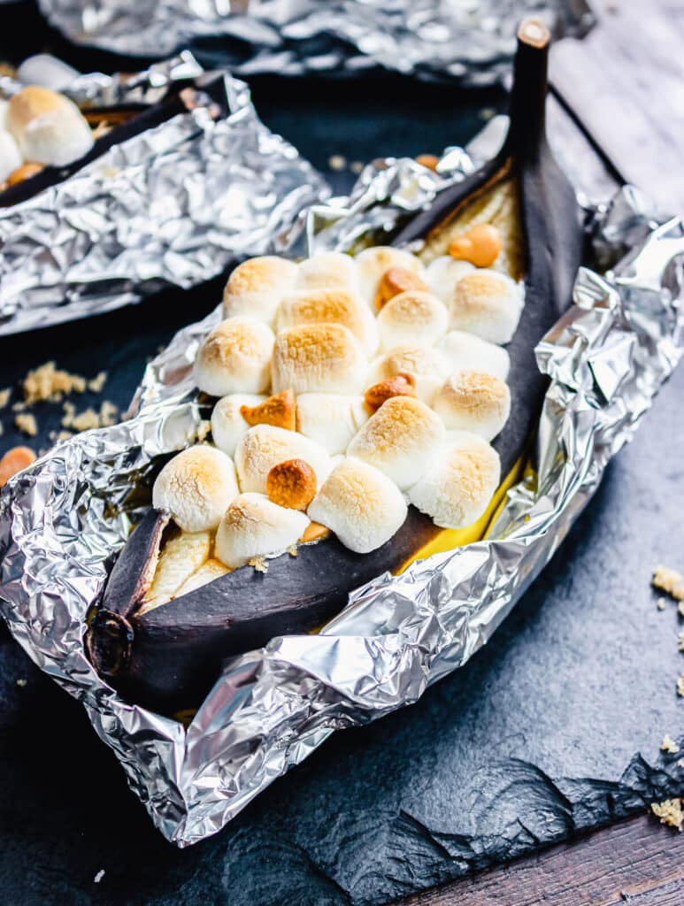 grilled banana split on a cutting board