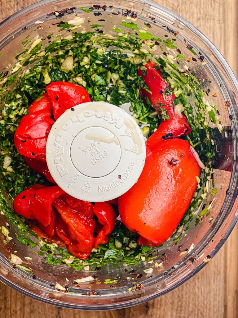 roasted red peppers in a food processor