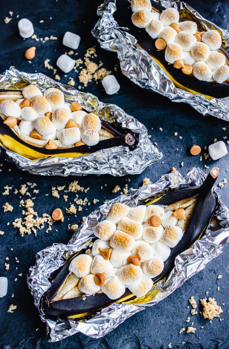 grilled banana split on a cutting board