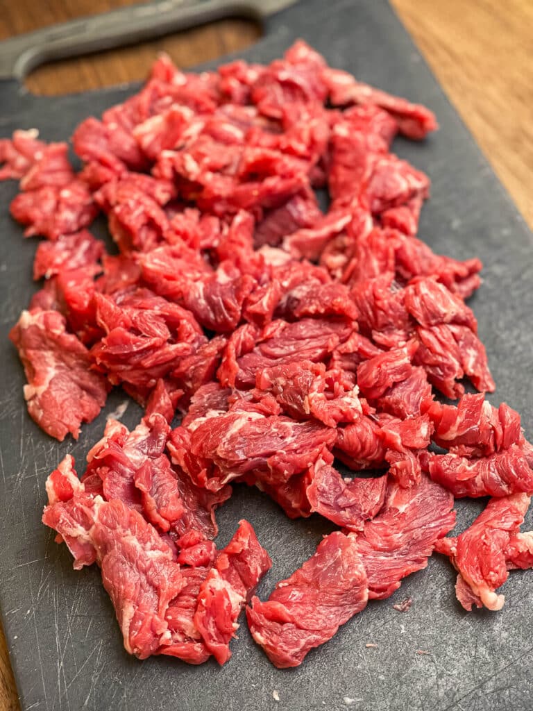 stir fry meat on a cutting board