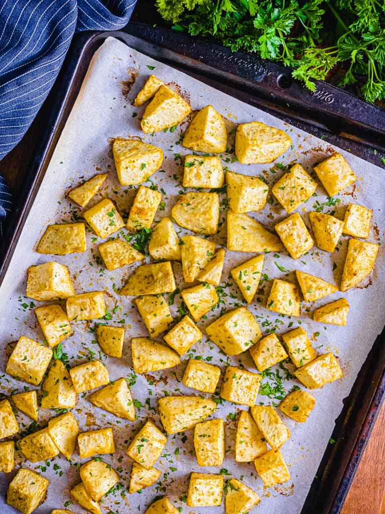 roasted root vegetables on a baking sheet