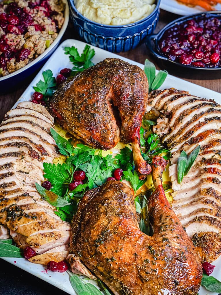 roasted turkey with brown sage butter recipe on a platter