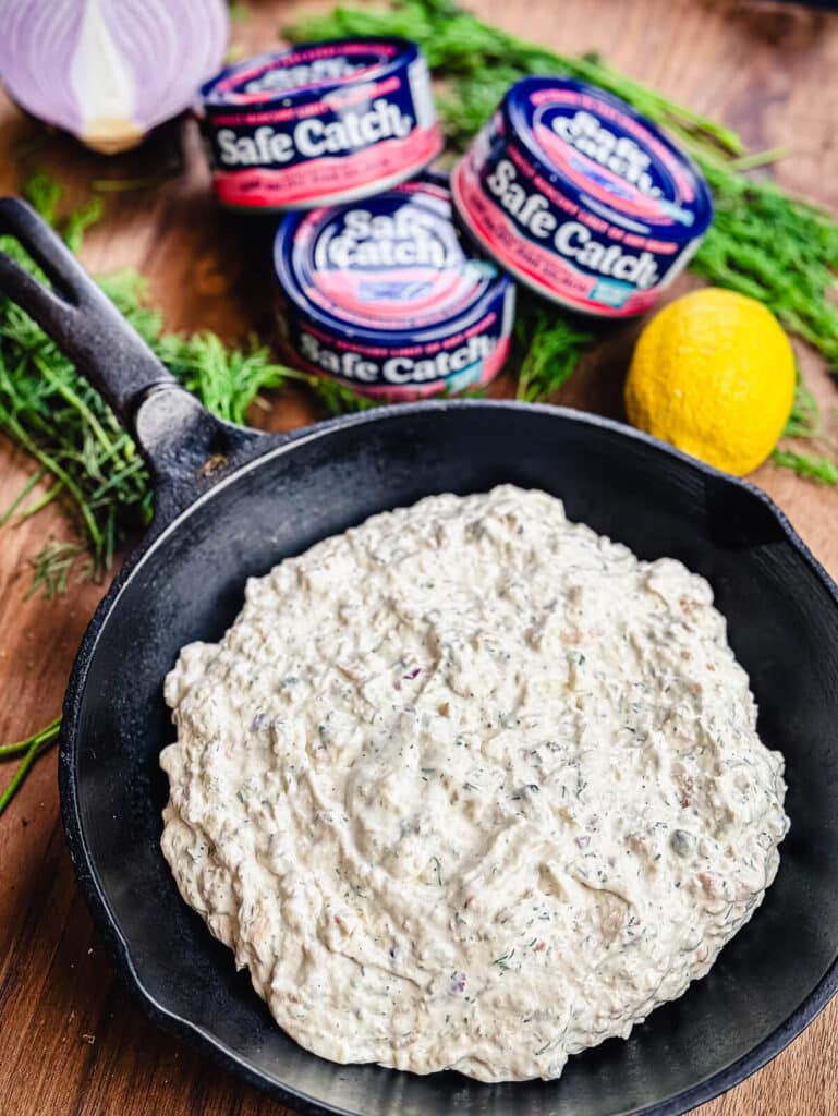 smoked salmon dip ingredients in a skillet