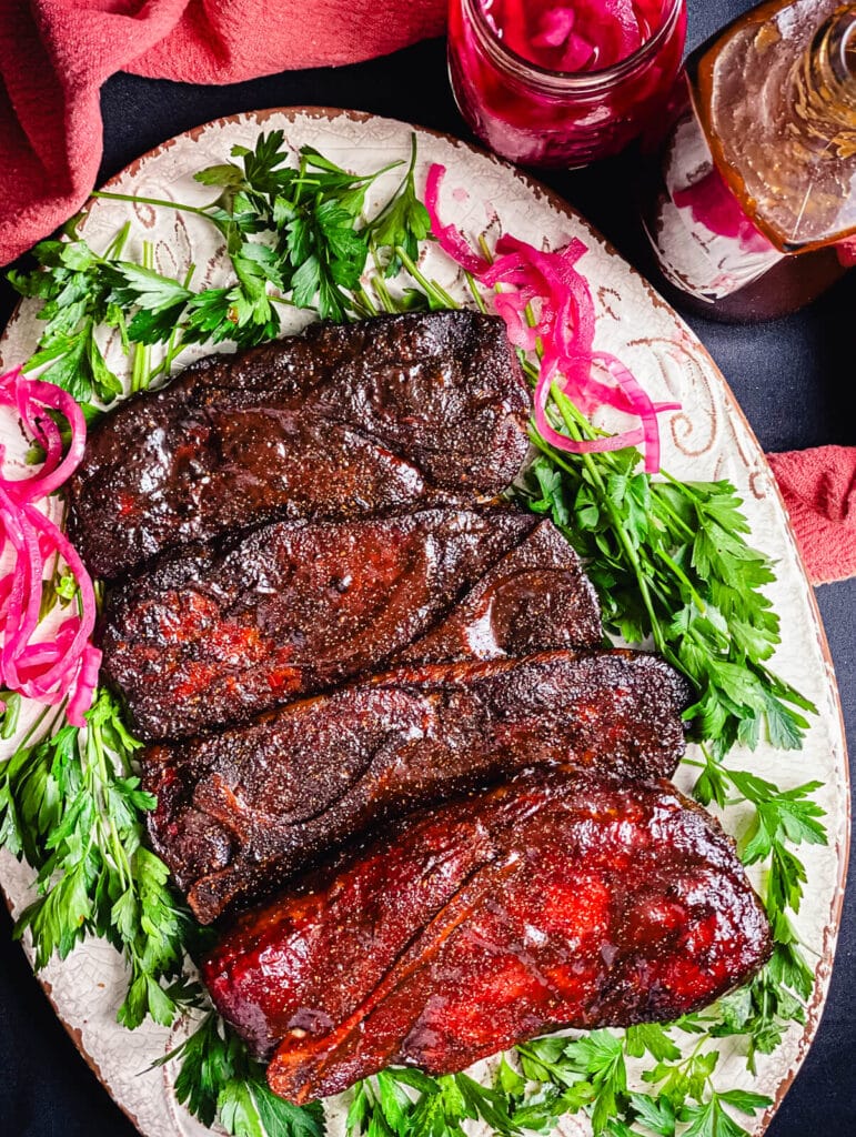 overhead shot of bbq pork on a platter