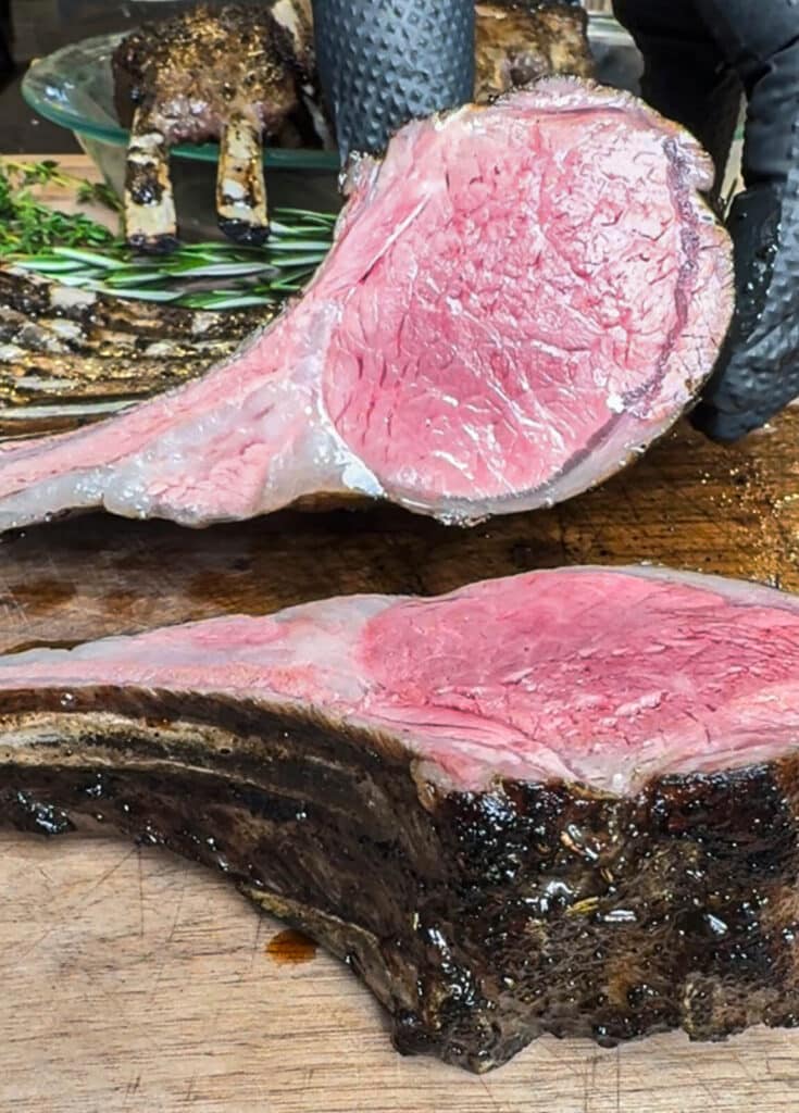 sliced rack of lamb, cooked to a medium rare temperature.