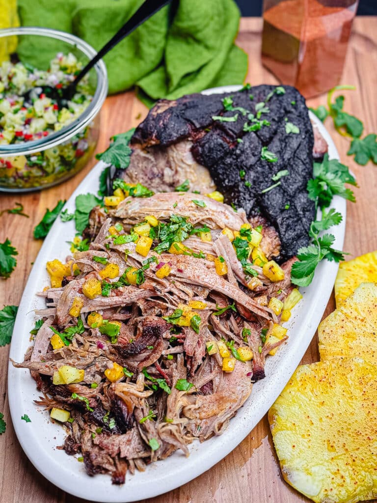 platter of pineapple brined pulled pork