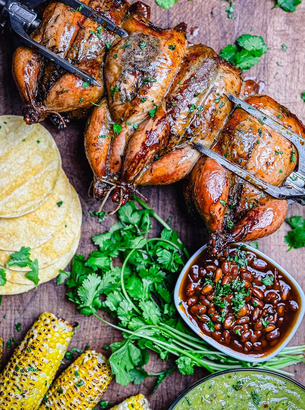 grilled cornish hens with tortillas and cilantro