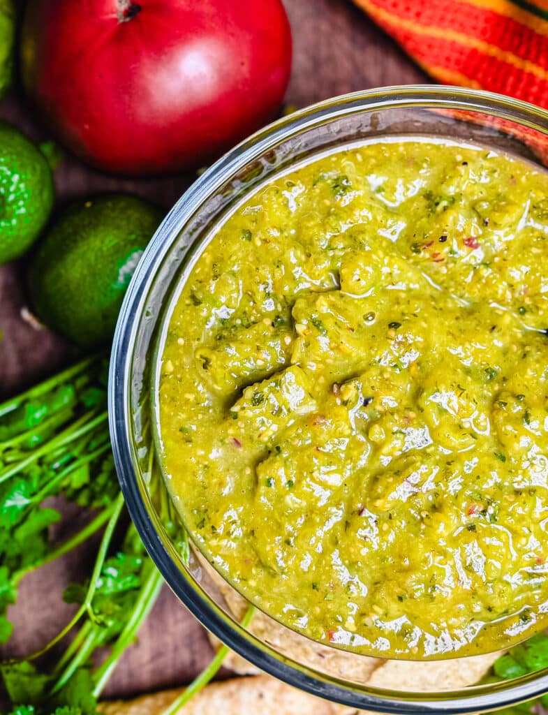 glass bowl of roasted tomatillo salsa