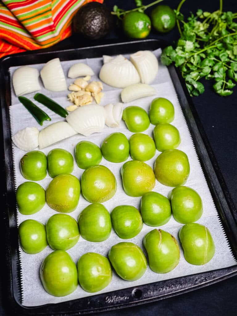 unseasoned ingredients for roasted tomatillo salsa